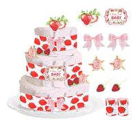 Cheerupp Décorations de gâteau à couches en forme de fraise, cartes de fête prénatale avec rubans gros-grain, roses artificielles, décoration de fraise, nœuds roses pour révéler le sexe du sexe sur le
