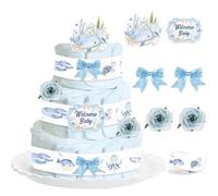 Cheerupp Décorations de gâteau à couches sur le thème de la mer pour fête prénatale, cartes de bienvenue, imprimé animaux de l'océan, ruban gros-grain, nœuds bleus, fleurs de camélia, pour la plage