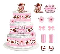 Cheerupp Décorations de gâteau à couches sur le thème des cowgirl roses pour fête prénatale, cartes en ruban imprimé cowboy occidental, fleurs artificielles, nœuds roses, « A Little Cowgirl Is on the