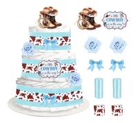 Cheerupp Décorations de gâteau sur le thème du cowboy bleu pour fête prénatale, cartes en ruban imprimé cowboy occidental, fleurs artificielles, nœuds bleus, « A Little Cowboy is on the Way »