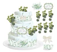 Cheerupp Décorations de gâteau vert sauge pour fête prénatale, verdure « A Sweet Little Baby Is on the Way » - Cartes de fête prénatale - Ruban gros-grain sauge - Nœuds en feuilles d'eucalyptus