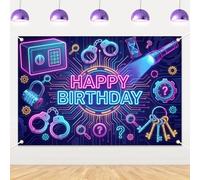 Cheerupp Toile de fond « Happy Birthday » de 91,5 cm x 1,5 m, bannière d'enquête mystérieuse fluo, décorations d'anniversaire sur le thème du détective pour salle d'évasion, fournitures de fête