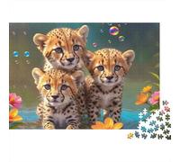 Cheetah Cubs Playing Colourful Three Cheetah Cubs 1000 Pcs Jigsaws for Adults The Impossible Challenge Fun Present 70x50cm/1000pcs