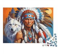 Chef Amérindien Puzzle Difficile 1000 Pièces pour Adultes Chef Tribal et Loup Sacré Gardien Premium Robuste Haute Qualité Vibrant Défiant Anti-Stress 70x50cm/1000pcs