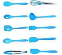 Chef Kitchen Utensils 10 pièces ensemble d'ustensiles de cuisine antiadhésif résistant à la chaleur sans BPA Silicone poignée en acier inoxydable outils cuisson fouet Ki(Blu)