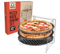Chef Pomodoro Plaques à Pizza Antiadhésifs - Ensemble De Cuisson à Pizza Avec 3 Poêlles à Pizza Et 1 Grille de Support Pizza Four - Assiette Pizza Inox Pour Four, Grill, Barbecue (33 cm)
