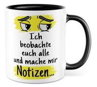 Chef Tasse avec inscription en allemand « Geschenk Ich beobachte euch alle und mache mir Notes... » Tasse à café en céramique 330 ml