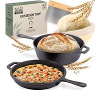 Chefarone Casserole en Fonte 26cm avec Panier de Fermentation, Compatible Induction 2-en-1 3.0l Cocotte Poêle, 1.5l Casserole en Fonte, pour Cuire le Pain