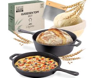 Chefarone Casserole en Fonte 26cm avec Panier de Fermentation, Compatible Induction 2-en-1 3.0l Cocotte Poêle, 1.5l Casserole en Fonte, pour Cuire le Pain