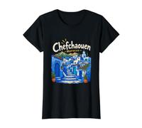 Chefchaouen Maroc Dessiné à la Main Souvenir de Voyage Cadeau Monument T-Shirt Graphique avec Valeur, Femme, Noir, L