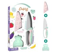 CHEFCLUB KIDS- Kit Couteau de Cuisine pour Enfants - Lame Acier Inoxydable - Protège-Doigts et Protège-Lame - Ustensile Sécurisé et Ergonomique - Rose & Vert pastel - Idéal dès 7 ans