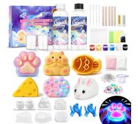 Cheffery 63 Pièce Fabrique a Squishy, Kit Squishy Fabrication Lumineux | 500ml Rapport AB 1:1 Squishy Caoutchouc Silicone Jouets Sensoriels Anti-Stress avec 9 Moules et Accessoires