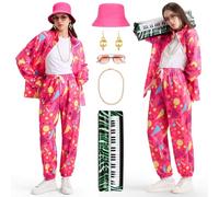Cheffery Costume de Survêtement des Années 80 et 90, Déguisements Année 80 et 90 Femme Avec Piano Gonflable, Lunettes, Collier, Boucles, Survêtement Rétro Tenue des Années Set pour Carnaval Fêtes (M)