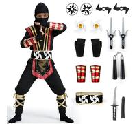 Cheffery Déguisement Ninja Enfant, Costume Samouraï, Set Carnaval Guerrier de L’Ombre avec Unchaku, Fléchettes en Mousse & Autres Accessoires, Déguisement Carnaval pour Garçons, Cosplay (M)