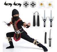Cheffery Déguisement Ninja Enfant, Costume Samouraï, Set Carnaval Guerrier de L’Ombre avec Unchaku, Fléchettes en Mousse & Autres Accessoires, Déguisement Carnaval pour Garçons, Cosplay (S)
