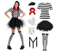 Cheffery Déguisement Pantomime Femme, 10 Pièces Ensemble de Noir et Blanc Mime avec Haut Rayé, Jupe Bouffante, Béret, Foulards, Gants, Tatouage Facial, Bretelles, Costume Clown pour Carnaval (XXL)
