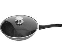 Cheffinger, Wok 28 cm avec revêtement en marbre, couvercle en verre et poignée Softgrip, Noir