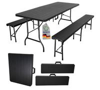 CHEFGASTRO Mega Deal 1x Table de Buffet & 2X Banc de Brasserie | Pliable | Largeur 180 cm | avec poignées de Transport | pour 8 Personnes | Plastique résistant aux intempéries | Aspect Bois, Noir