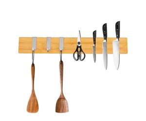 CHEFGASTRO Support magnétique pour couteaux en bambou | HxLxP 6,2x2,1x40cm | Avec 3 crochets argentés | Bambou | fixation par collage ou vissage
