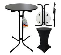 CHEFGASTRO Table de Bar avec Housses Pliable Ronde HxØ 110x70cm Table de bistrot intérieur et extérieur Acier Panneau MDF avec revêtement en Acier Inoxydable Noir