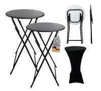 CHEFGASTRO Table de Bar Lot de 2 avec Housses Pliable Ronde HxØ 110x60cm Table de bistrot intérieur et extérieur en Acier Panneau MDF avec revêtement PVC Noir
