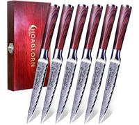 ChefHoablorn Ensemble de 6 couteaux à steak damassés avec boîte en bois, couteaux à steak allemands en acier inoxydable à lame spéciale dentelée et boîte cadeau