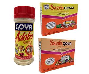 Chefs Secret Ingredient Goya All Purpose Seasoning Bundle with Goya Adobo with Pepper 8 Oz, Sazon Goya Con Culantro Y Achiote 1.41 Oz, and Sazon Goya Con Azafran 1.41 Oz (3 Items) by Goya