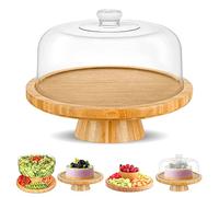 CHEF'S UNIQUE Présentoir à gâteau en bambou avec dôme multifonction 6 en 1 - Plateau de service (30,5 cm) - Support rond pour légumes et salade - Présentoir décoratif avec couvercle