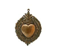 CHEHOMA Ex-Voto coeur doré Patine verte antique en métal. Orné d'une flamme et de fresque Dimenssion 14 x18 cm
