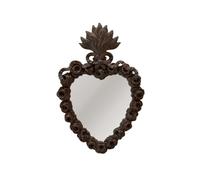 CHEHOMA Miroir Ex-voto Coeur, Patine foncée, Orné d'une Flamme et de d'une fresque Florale, Fabrication soigée, Dimensions 26 x 17 cm