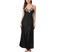 cheibear Chemise de nuit longue en dentelle satinée pour femme, Noir, XS