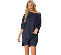 cheibear Ensemble 2 pièces en tricot pour femme - T-shirt - Short de motard - Vêtements de nuit - Vêtements de détente, bleu, M