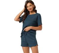 cheibear Ensemble de détente pour femme avec poches gaufrées T-shirt et short, bleu, M