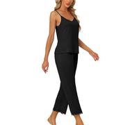 cheibear Ensemble de pyjama pour femme avec haut caraco et capri en modal doux avec bordure en dentelle, Noir , XS