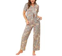 cheibear Ensemble de Pyjama pour Femmes en Soie à Manches Courtes et Pantalons Ensembles en Satin à Fleurs Gris M