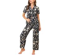 cheibear Ensemble de Pyjama pour Femmes en Soie à Manches Courtes et Pantalons Ensembles en Satin à Fleurs Noir Blanc M