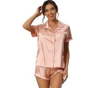 cheibear Ensemble pyjama en satin pour femme, chemise à manches courtes et short, vêtement de détente, rose, XS