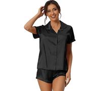 cheibear Ensemble pyjama en satin pour femme, chemise à manches courtes et short, vêtement de détente, Noir , M