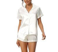 cheibear Ensemble pyjama en satin pour femme, chemise à manches courtes et short, vêtement de détente, blanc, XL