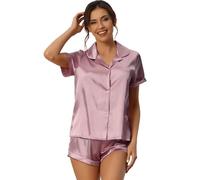 cheibear Ensemble pyjama en satin pour femme, chemise à manches courtes et short, vêtement de détente, violet clair, XS
