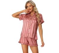 cheibear Pyjama en satin à pois pour femmes - Vêtements de nuit 2023 - Haut avec short - Ensemble pyjama de détente, rose foncé, M