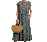 CheJooe Robe mi-longue imprimée pour femme en coton et lin d'été à manches courtes et ronde avec poches Robe décontractée trapèze pour la plage avec poches, L