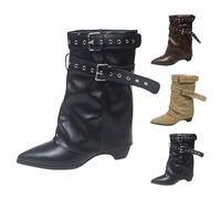 Chelsea Bottes pour femme en cuir verni - Bottes hautes élégantes en cuir - Bottes pliantes pour femme - Bottes hautes rabattables - Bottes longues à enfiler - Bout pointu - Bottes de cowboy, Noir