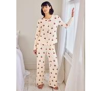 Chelsea Peers Chelsea Peers Natural Cherry Stripe Print Cardigan Ribbed Long Pyjamas Set