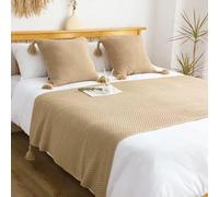 Chemin De Lit En Tricot Solide Avec Glands - Écharpe De Bout De Lit Vintage, Couverture De Canapé, Bureau, Jetés Pour Hôtel, Maison, Salle De Séjour (Khaki, 45x45cm Pillowcases)