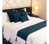 Chemin de lit King Size Bleu foncé en mélange de Coton avec Pompons, Couleur Unie, Double, Couvre-lit, jeté de lit, Couverture décorative pour Chambre à Coucher, hôtel, Mariage, 45 x 180 cm