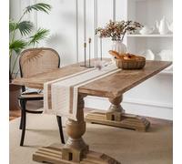 Chemin de table à motif géométrique bohème avec texture tissée et bords à franges pour table de salle à manger, cuisine ou console de style rustique (30 x 160 cm, blanc)