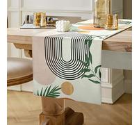 Chemin de Table Anniversaire Abstrait Nappe Boho Arc Soleil Beige Moderne Minimaliste Maison Décoration de Table Vert Feuille Orange Ferme pour Fête, Anniversaire, Mariage, Noël 40 x 140 cm