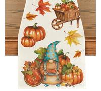 Chemin de Table Automne Gnomes Feuilles d'Érable Citrouilles Saisonnier Lin Lavable Cuisine Table Décoration Intérieur Vacances Récolte Fête Moisson Thanksgiving 40x140 cm