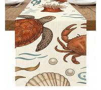 Chemin de table avec créatures océaniques côtières, motif vintage tortue et crabe pour l'été, la plage, la salle à manger, les réunions à la maison, 33 x 274 cm